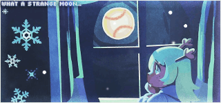 noelle looking out the window, seeing a baseball moon with the text “what a strange moon...”